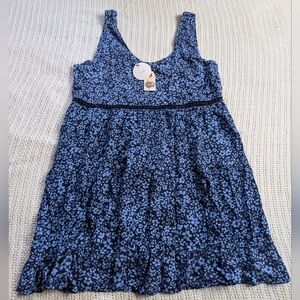 NWT En Creme Blue Floral Mini Dress LARGE Sleeveless  Embroidered Empire Waist